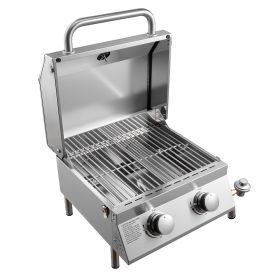 VEVOR Tabletop Gas Grill, 2-Burner Stainless Steel Portable Propane Grill, with Built-in Thermometer, Travel Locks, Weatherproof Lid, 15,000 BTU Total
