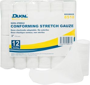 Conforming Stretch Gauze 3". Pack of 12 Bandages Rolls. Light Conforming Bandages. Rayon/Poly Knitted Stretch Gauze. Non-Sterile Wrap Gauze Bandages.