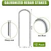 12PC 12inch High-strength U-shaped threaded steel ground spikes for multi-purpose pipe and tent anchoring. Durable and windproof.