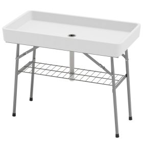 3.4ft Folding Ice Cooler Table with Drain, Fill and Chill Table Outdoor Table Cooler with Storage Shelf (Color: White)